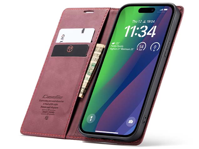 CaseMe Slim Synthetic Leather Wallet Case with Stand for iPhone 15 Plus - Burgundy