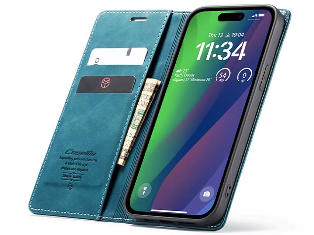 CaseMe Slim Synthetic Leather Wallet Case with Stand for iPhone 15 Plus - Teal