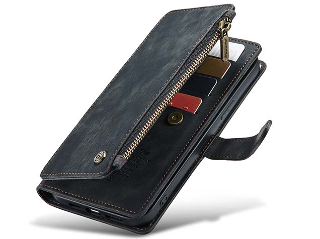 CaseMe Synthetic Leather Wallet Case with Zipper Pocket for iPhone 15 Plus - Charcoal