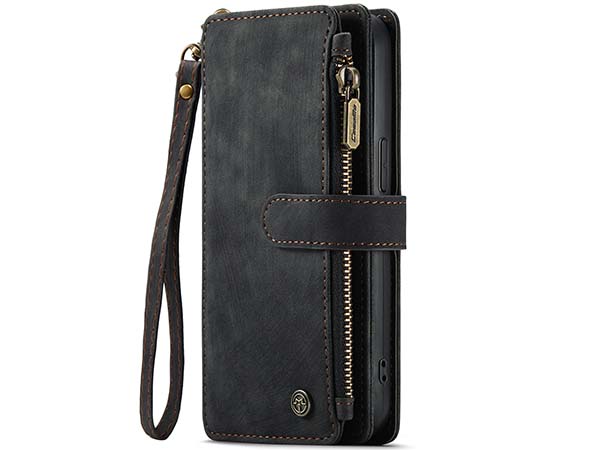 CaseMe Synthetic Leather Wallet Case with Zipper Pocket for iPhone 15 Plus - Charcoal