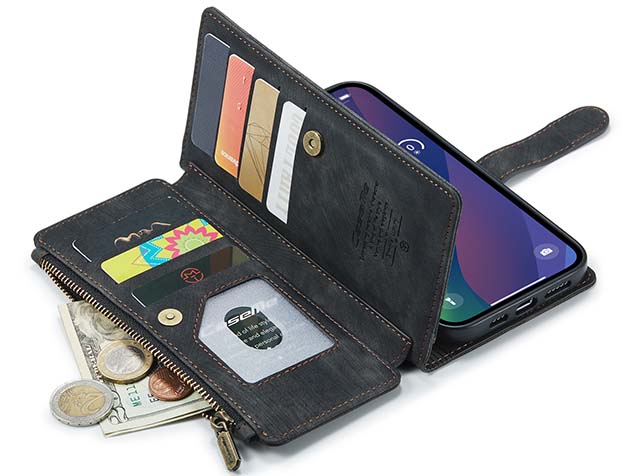 CaseMe Synthetic Leather Wallet Case with Zipper Pocket for iPhone 15 Plus - Charcoal