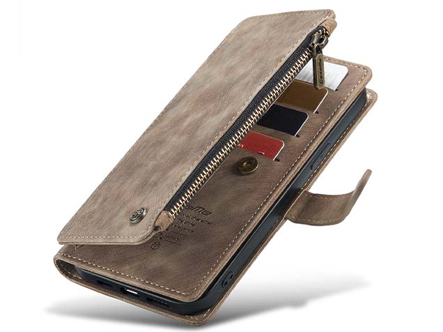 CaseMe Synthetic Leather Wallet Case with Zipper Pocket for iPhone 15 Plus - Desert Taupe