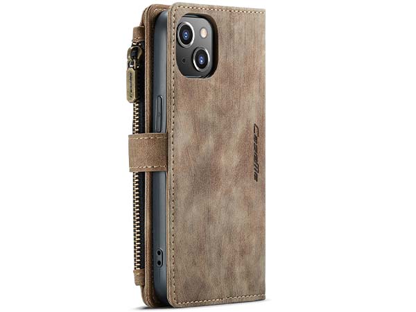 CaseMe Synthetic Leather Wallet Case with Zipper Pocket for iPhone 15 Plus - Desert Taupe
