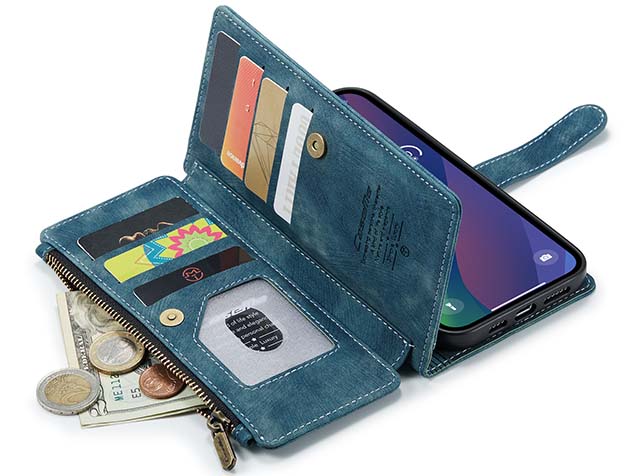 CaseMe Synthetic Leather Wallet Case with Zipper Pocket for iPhone 15 Plus - Teal