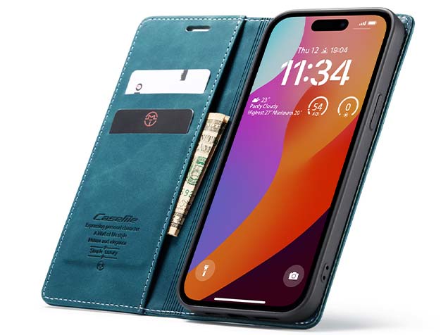 CaseMe Slim Synthetic Leather Wallet Case with Stand for iPhone 15 Pro - Teal