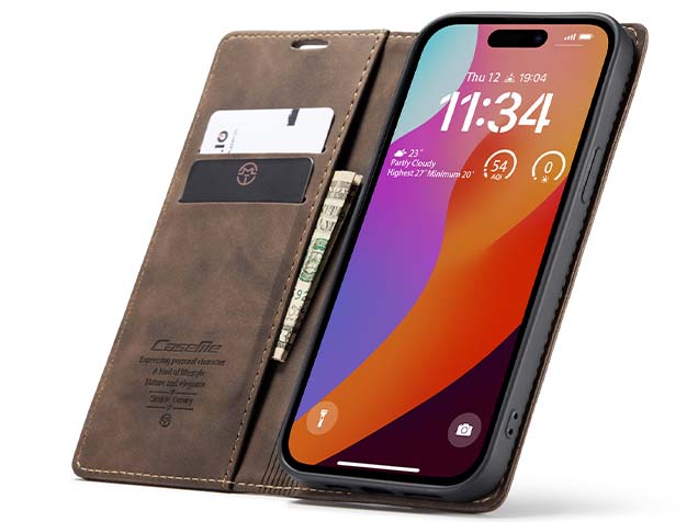 CaseMe Slim Synthetic Leather Wallet Case with Stand for iPhone 15 Pro - Chocolate