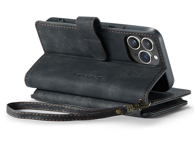 CaseMe Synthetic Leather Wallet Case with Zipper Pocket for iPhone 15 Pro - Charcoal Leather Wallet Case