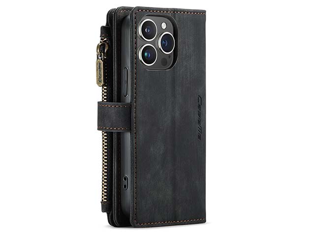 CaseMe Synthetic Leather Wallet Case with Zipper Pocket for iPhone 15 Pro - Charcoal