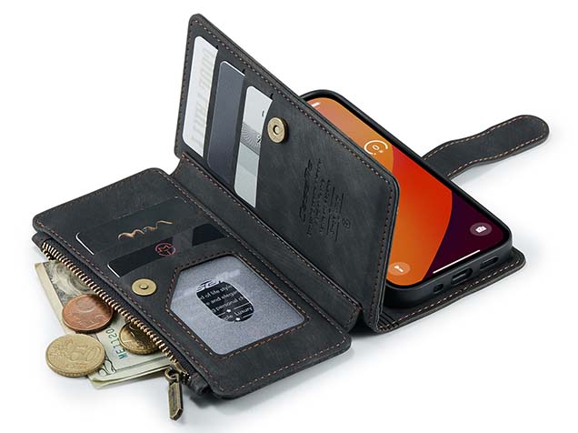 CaseMe Synthetic Leather Wallet Case with Zipper Pocket for iPhone 15 Pro - Charcoal