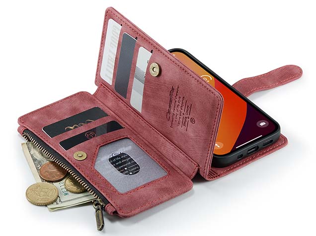 CaseMe Synthetic Leather Wallet Case with Zipper Pocket for iPhone 15 Pro - Blush