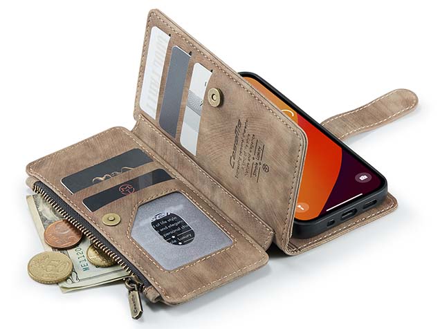 CaseMe Synthetic Leather Wallet Case with Zipper Pocket for iPhone 15 Pro - Desert Taupe