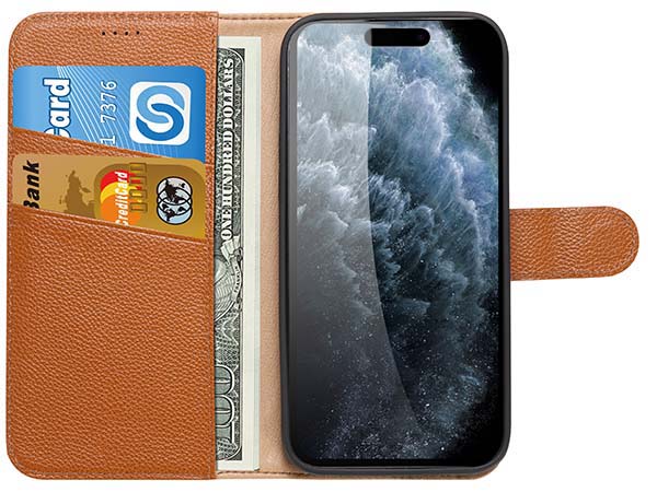 Premium Leather Wallet Case for Apple iPhone 15 Pro Max - Caramel