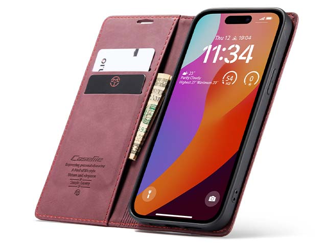 CaseMe Slim Synthetic Leather Wallet Case with Stand for iPhone 15 Pro Max - Burgundy
