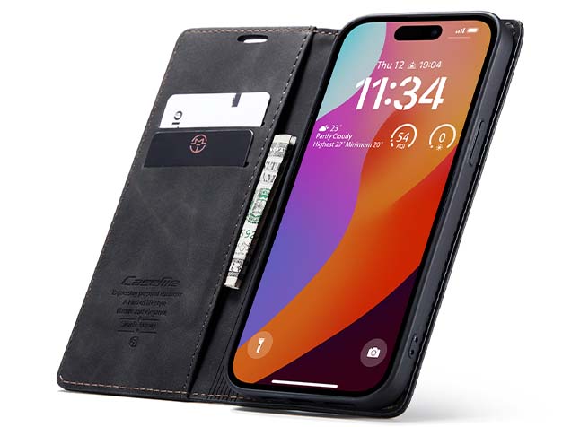 CaseMe Slim Synthetic Leather Wallet Case with Stand for iPhone 15 Pro Max - Charcoal