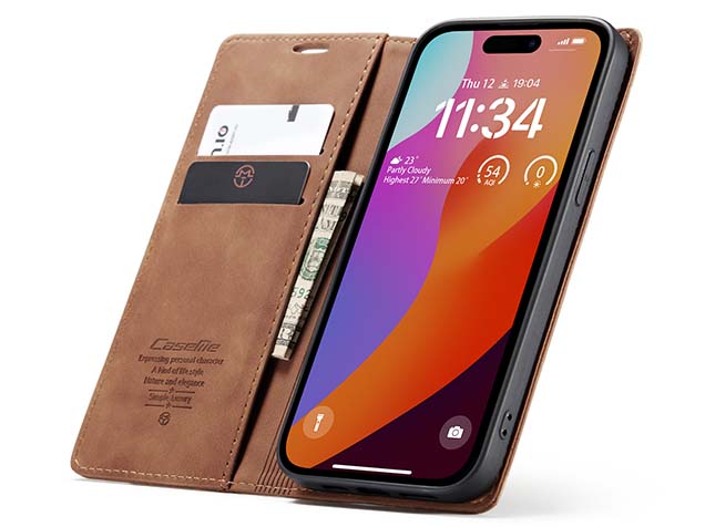CaseMe Slim Synthetic Leather Wallet Case with Stand for iPhone 15 Pro Max - Tan