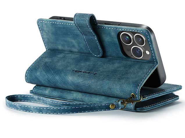 CaseMe Synthetic Leather Wallet Case with Zipper Pocket for iPhone 15 Pro Max - Teal Leather Wallet Case