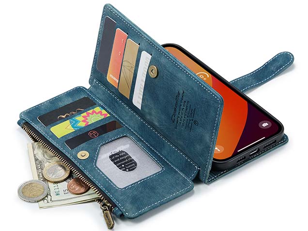 CaseMe Synthetic Leather Wallet Case with Zipper Pocket for iPhone 15 Pro Max - Teal