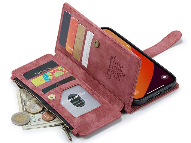 CaseMe Synthetic Leather Wallet Case with Zipper Pocket for iPhone 15 Pro Max - Blush