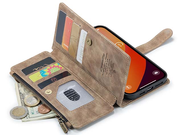 CaseMe Synthetic Leather Wallet Case with Zipper Pocket for iPhone 15 Pro Max - Desert Taupe