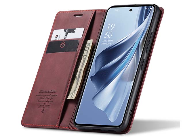 CaseMe Slim Synthetic Leather Wallet Case with Stand for OPPO Reno10 5G - Burgundy