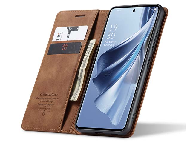 CaseMe Slim Synthetic Leather Wallet Case with Stand for OPPO Reno10 5G - Tan