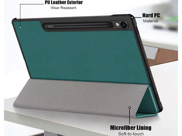 Slim Synthetic Leather Flip Case with Stand for Samsung Galaxy Tab S9 FE - Teal Leather Flip Case