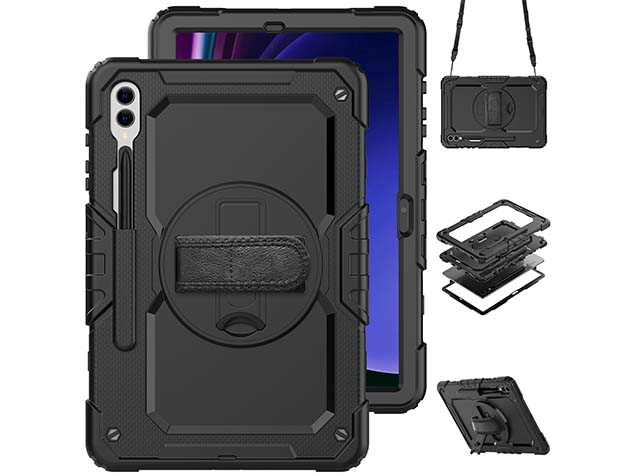 Rugged Impact Case with Strap for Samsung Galaxy Tab S9 FE+ - Classic Black