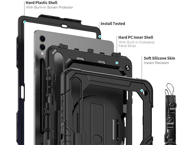 Rugged Impact Case with Strap for Samsung Galaxy Tab S9 FE+ - Classic Black