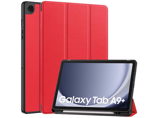 Premium Slim Synthetic Leather Flip Case with Stand for Samsung Galaxy Tab A9+ 11 inches - Red Leather Flip Case