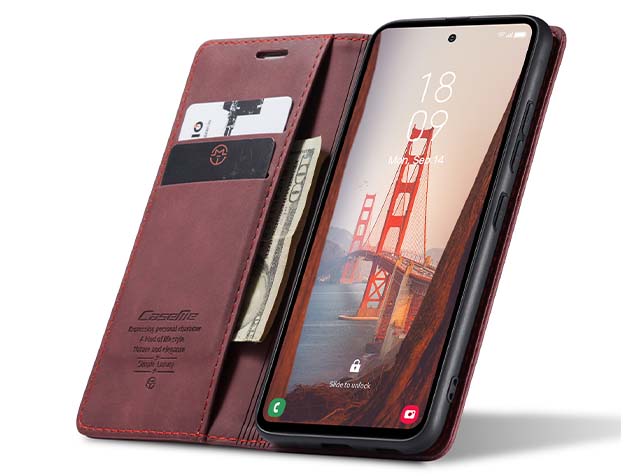 CaseMe Slim Synthetic Leather Wallet Case with Stand for Samsung Galaxy S23 FE - Burgundy