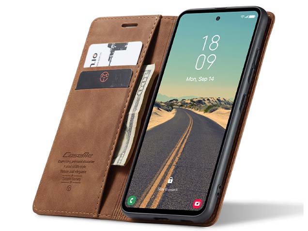 CaseMe Slim Synthetic Leather Wallet Case with Stand for Samsung Galaxy S23 FE - Tan