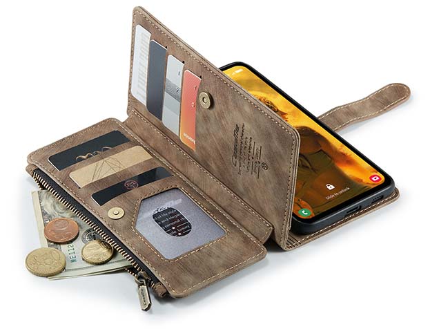 CaseMe Synthetic Leather Wallet Case with Zipper Pocket for Samsung Galaxy S23 FE - Desert Taupe