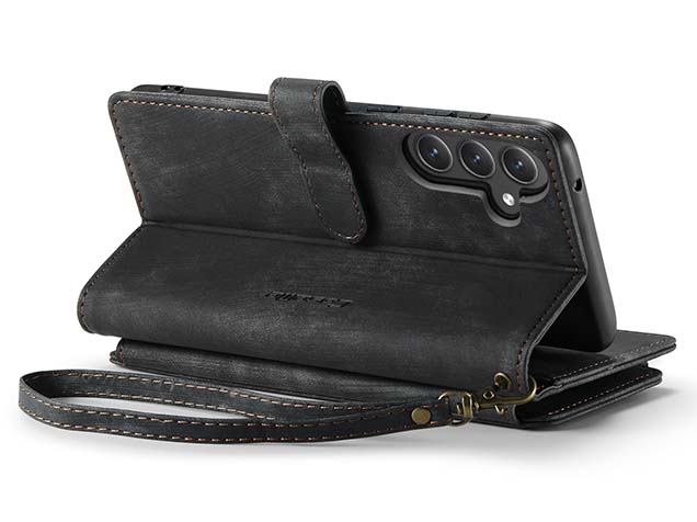 CaseMe Synthetic Leather Wallet Case with Zipper Pocket for Samsung Galaxy S23 FE - Charcoal Leather Wallet Case