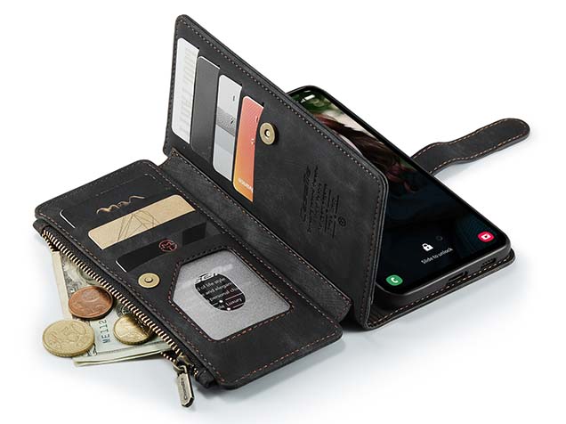 CaseMe Synthetic Leather Wallet Case with Zipper Pocket for Samsung Galaxy S23 FE - Charcoal