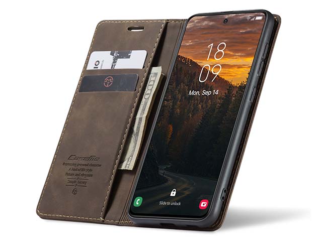CaseMe Slim Synthetic Leather Wallet Case with Stand for Samsung Galaxy S24 - Chocolate