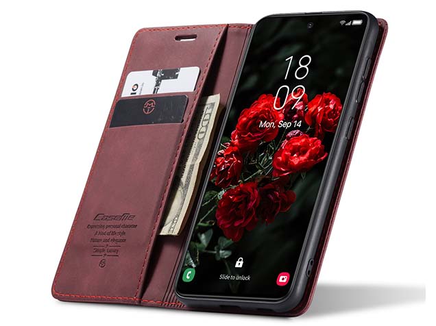 CaseMe Slim Synthetic Leather Wallet Case with Stand for Samsung Galaxy S24+ - Burgundy