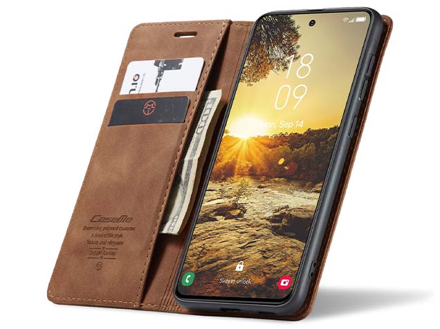 CaseMe Slim Synthetic Leather Wallet Case with Stand for Samsung Galaxy S24+ - Tan