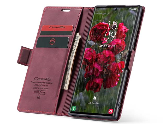 CaseMe Slim Synthetic Leather Wallet Case with Stand for Samsung Galaxy S24 Ultra - Burgundy