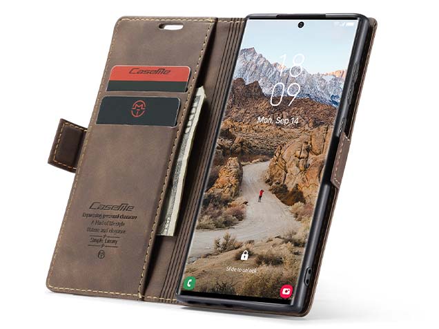 CaseMe Slim Synthetic Leather Wallet Case with Stand for Samsung Galaxy S24 Ultra - Chocolate