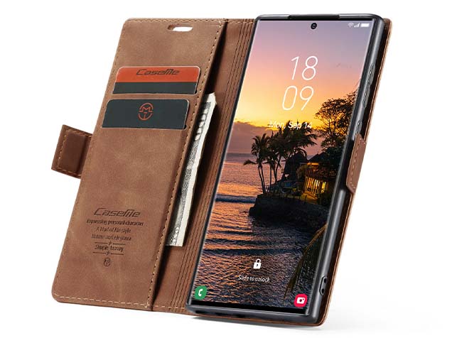 CaseMe Slim Synthetic Leather Wallet Case with Stand for Samsung Galaxy S24 Ultra - Tan