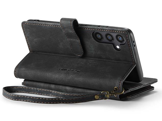 CaseMe Synthetic Leather Wallet Case with Zipper Pocket for Samsung Galaxy S24+ - Charcoal Leather Wallet Case
