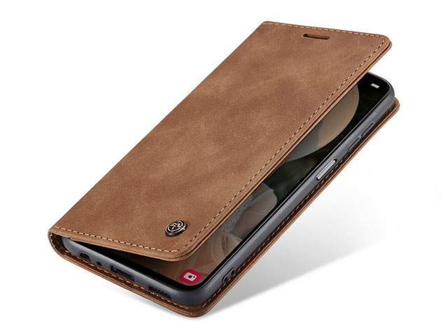 CaseMe Slim Synthetic Leather Wallet Case with Stand for Samsung Galaxy A15 - Tan Leather Wallet Case