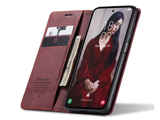 CaseMe Slim Synthetic Leather Wallet Case with Stand for Samsung Galaxy A35 - Burgundy
