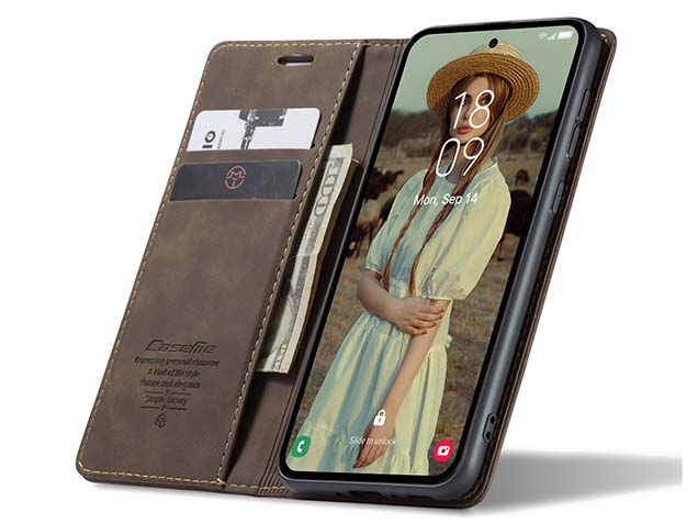 CaseMe Slim Synthetic Leather Wallet Case with Stand for Samsung Galaxy A35 - Chocolate