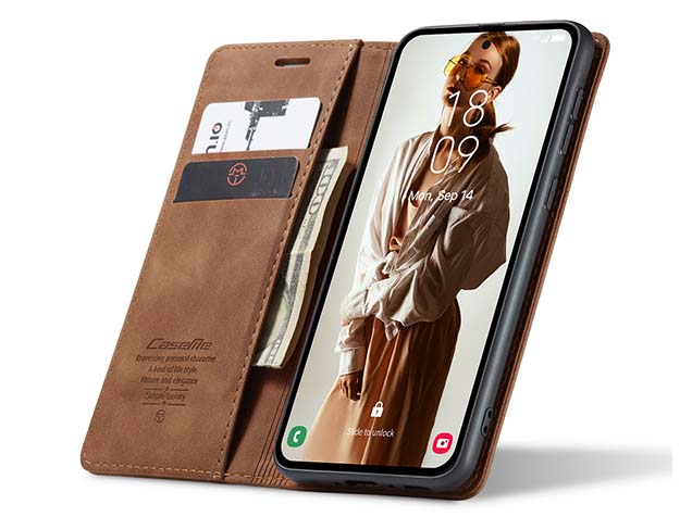 CaseMe Slim Synthetic Leather Wallet Case with Stand for Samsung Galaxy A35 - Tan