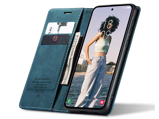CaseMe Slim Synthetic Leather Wallet Case with Stand for Samsung Galaxy A55 - Teal