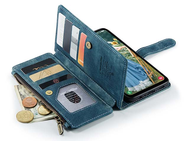 CaseMe Synthetic Leather Wallet Case with Zipper Pocket for Samsung Galaxy A15 - Teal