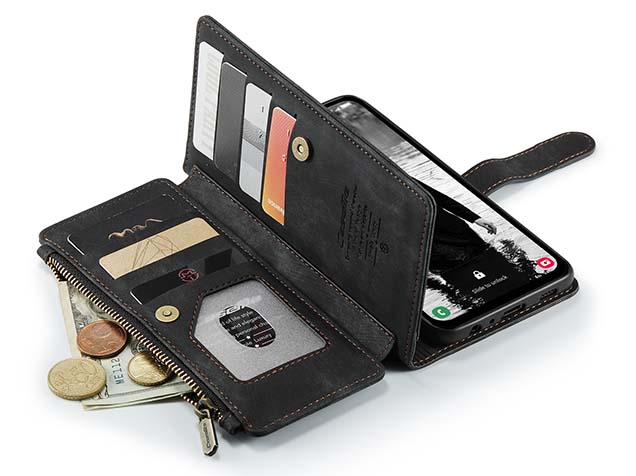 CaseMe Synthetic Leather Wallet Case with Zipper Pocket for Samsung Galaxy A15 - Charcoal