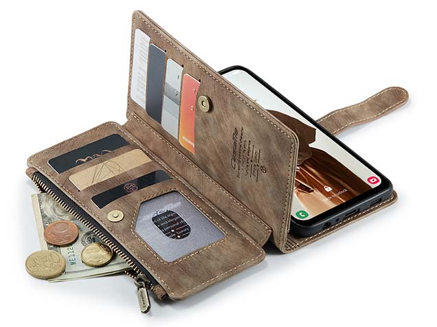 CaseMe Synthetic Leather Wallet Case with Zipper Pocket for Samsung Galaxy A15 - Desert Taupe