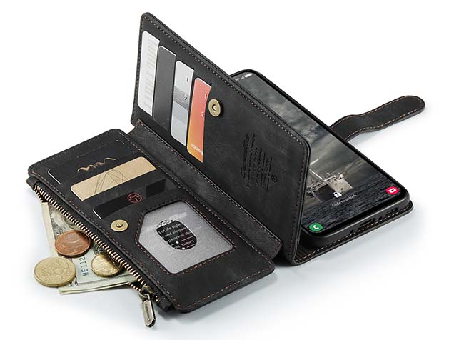 CaseMe Synthetic Leather Wallet Case with Zipper Pocket for Samsung Galaxy A35 - Charcoal